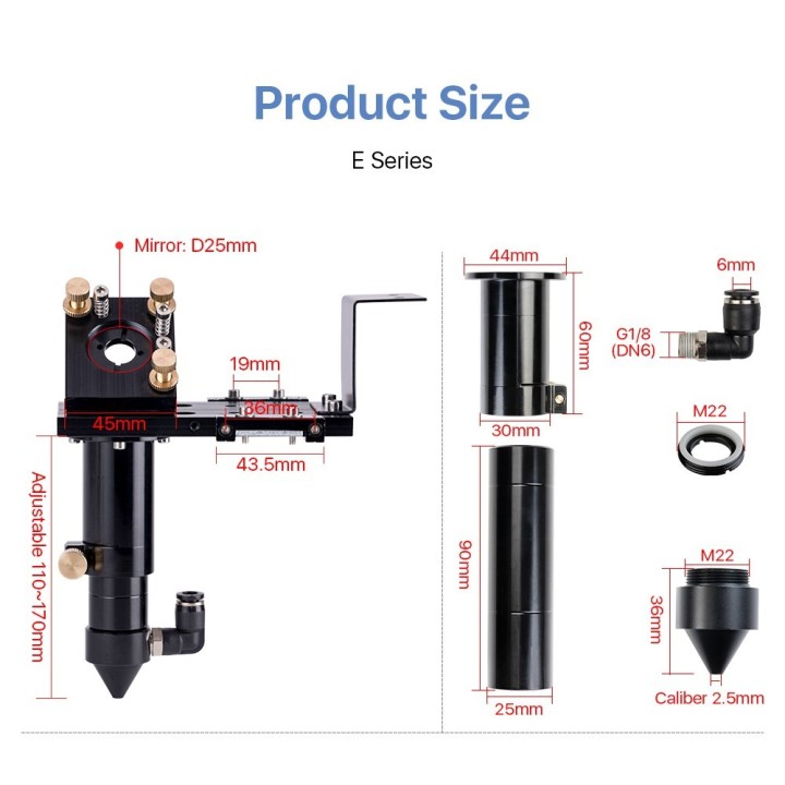 Cabeza Corte Laser Completa CO2 Lente D18mm FL38.1 D20mm FL50.8 & 63.5 & 101.6 mm Espejo 25mm